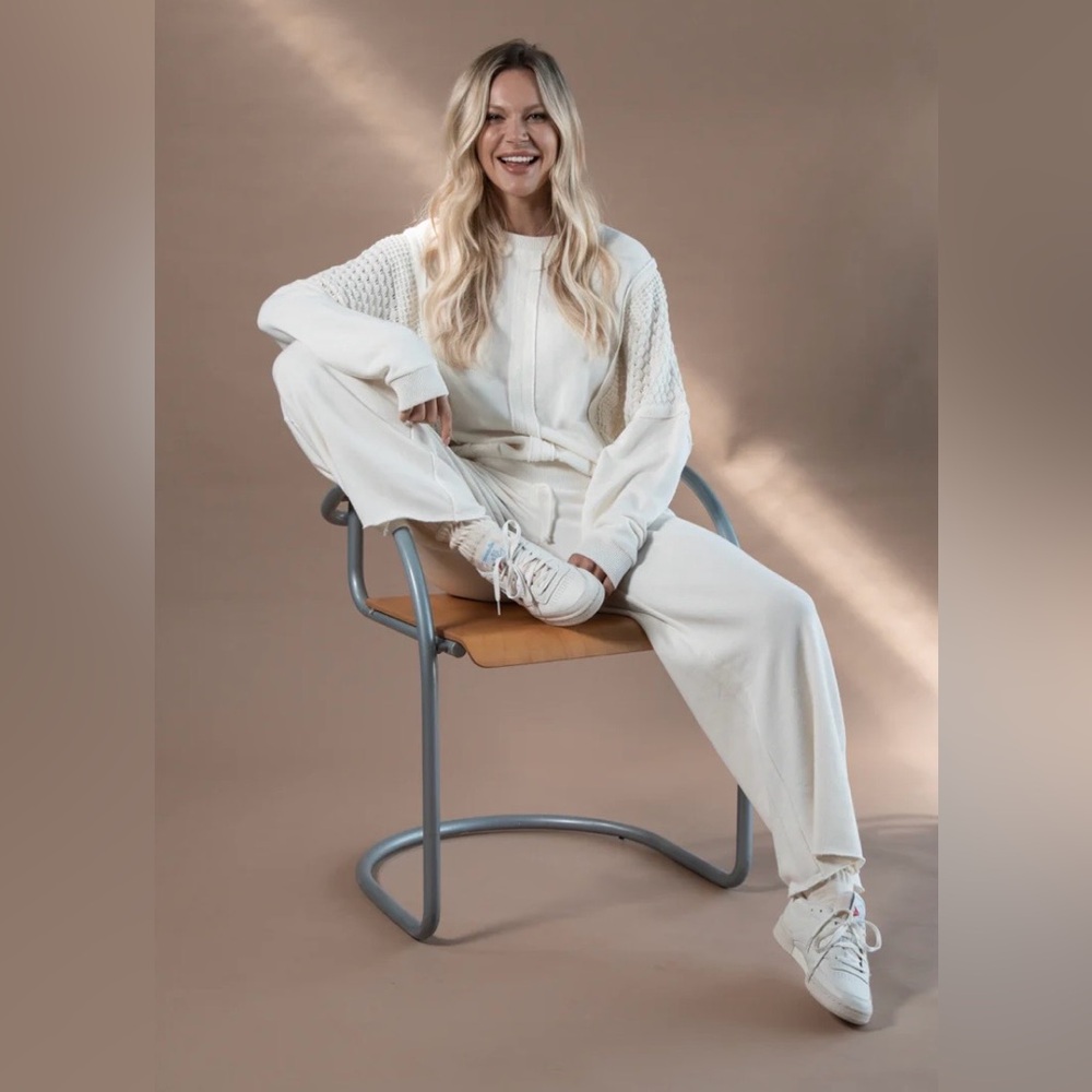 New Peace Love World French Terry and Crochet sweatshirt in Pristine